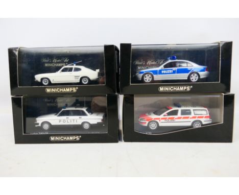 Minichamps - Four boxed Minichamps diecast model Police cars in 1:43 scale. Lot consists of Minichamps #430 085590 Ford Capri