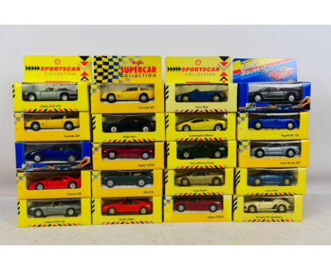 Maisto - A collection of 20 x boxed cars in 1:36 scale including Porsche 944, Ferrari F40, Jaguar XJS, Mercedes Benz SL and o