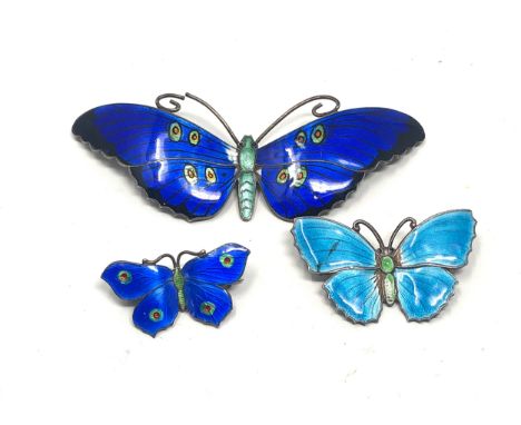 3 vintage silver &amp; enamel butterfly brooches 