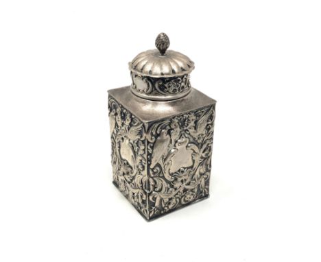 Antique Victorian silver embossed tea caddy, William Comyns &amp; Sons measures approx 12.2cm tall weight 140g 