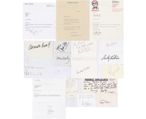 Selection of Autographs. A signed selection of 18 white cards, letters and compliment slips signed by Ken Dodd, Glenda Jackso