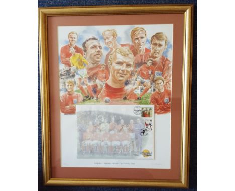 Ten 1966 Team signed display. Framed print with 1966 Westminster football cover signed by players Gordon Banks, George Cohen,