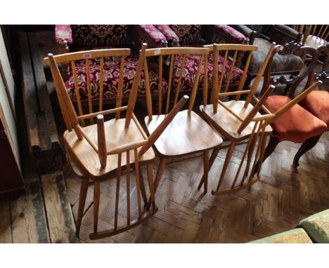 A set of five beech and elm stickback Ercol chairs