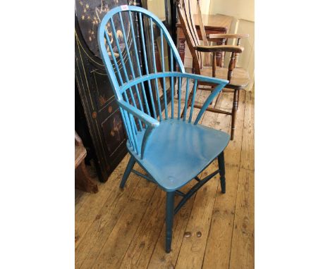 A 19th Century blue painted stick back Windsor armchair