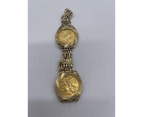 9ct Gold Two Sovereign (1909, 1914) Gate Bracelet. 