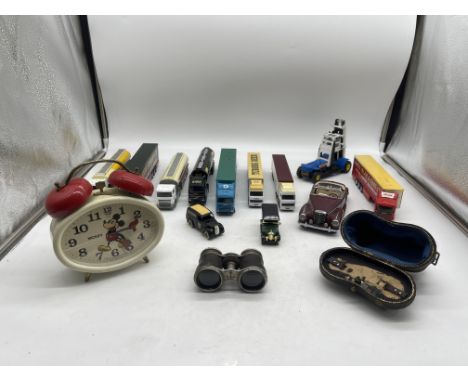 Vintage Toy Vehicle Models to include Corgi Guinness, Corgi Omega, Eddie Stobart, along with Disney Mickey Mouse Alarm Clock,