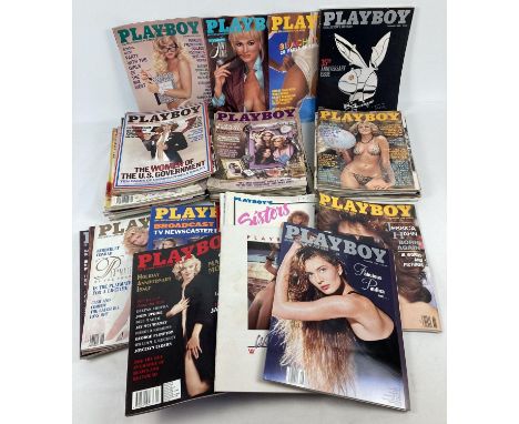 A box containing a large quantity of assorted vintage Playboy; Entertainment for Men, adult erotic magazines. In varying cond
