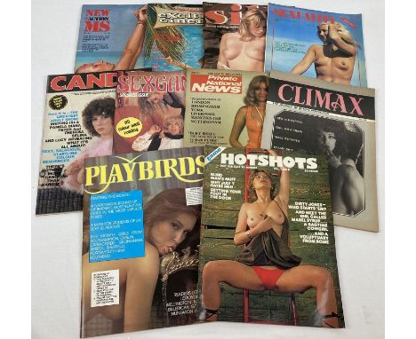 10 assorted vintage adult erotic magazines to include: Silk, Candid, Playbirds, Climax, Hotshots and New Action MS.  