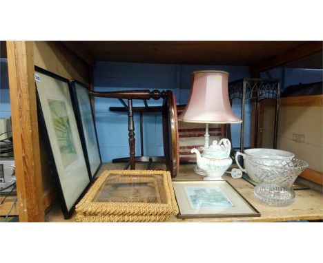 Shelf of assorted including; lamp, tea pot etc.