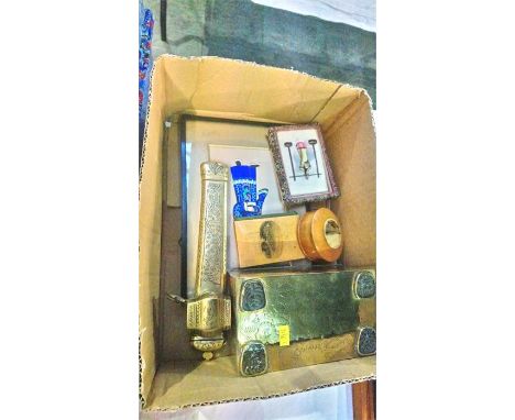 Collection of various Oriental silk paintings, brass box, pipe etc.