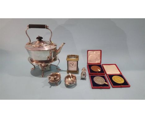 Tray of assorted including; a spirit kettle, carriage clock etc.