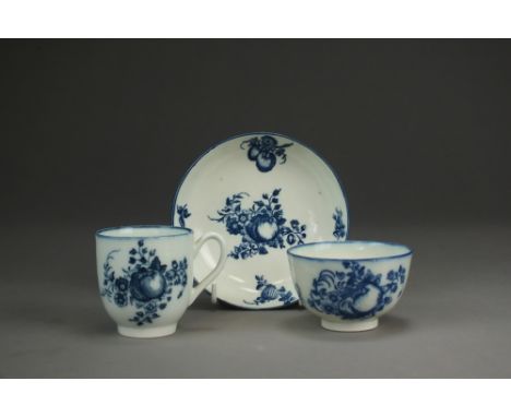 A Caughley porcelain trio of coffee cup, tea bowl and saucer,circa 1785,transfer-printed in the Apple and Damsons pattern,C m