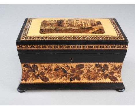 A Tunbridge ware two division tea caddy, 19th century, the parquetry top showing a castellated manor house and enclosing two 