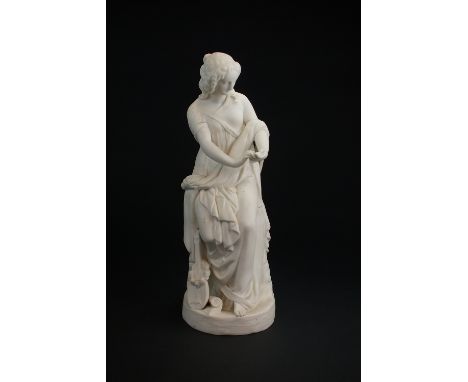 An English parian figure of a lady,mid-19th century,modelled seated holding a small oval portrait, a lute at her side, unmark