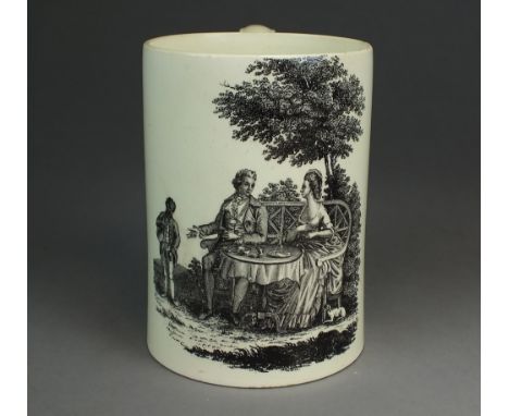 A Liverpool creamware mug transfer-printed in black with 'The Tea Party', with two sprays of naturalistic flowers either side