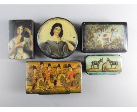 A collection of five papier mache snuff boxes, late 18th/early 19th century to include a circular example painted with a youn