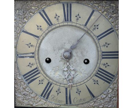 A 19TH CENTURY OAK LONGCASE CLOCK OF SMALL PROPORTIONS BY ADAM COSTEN, the 9" brass faced dial with Roman numerals, gilt cher