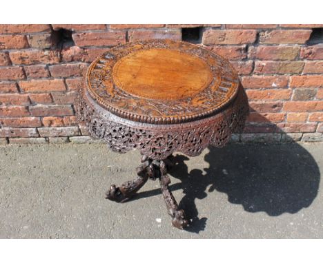 A 19TH CENTURY ANGLO-INDIAN CARVED HARDWOOD OCCASIONAL TABLE, the carved top with deep carved frieze, the carved support deco