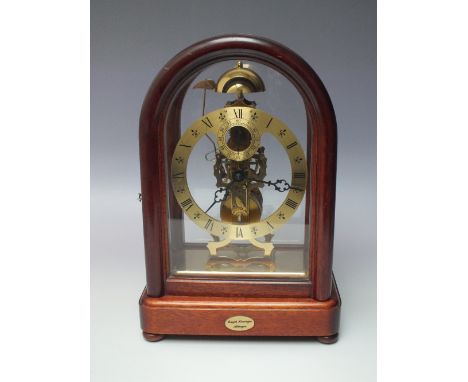 A MODERN KIENINGER SKELETON MANTEL CLOCK, the gilt dial with Roman numerals, incorporating a subsidiary seconds dial, movemen