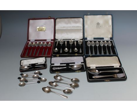 A SELECTION OF HALLMARKED SILVER FLATWARE, consisting of a cased set of six scottish rat tail teaspoons - Edinburgh 1936, a c