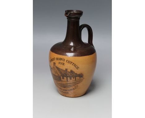 A ROYAL DOULTON CHARLES WILKINSON & CO WHISKY JUG, brown top, lower tan in salt glaze, transfer printed with Robert Burn's Co