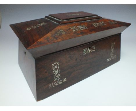 A ROSEWOOD AND MOTHER OF PEARL INLAID SARCOPHAGUS SHAPED TEA CADDY, the hinged lid opening to reveal two hinged lidded canist