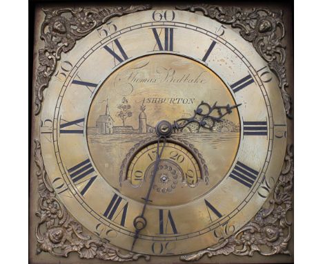 A 19TH CENTURY OAK LONGCASE CLOCK BY THOMAS BIDTAKE OF ASHBURTON, the 11" brass dial with thirty hour movement and date apert