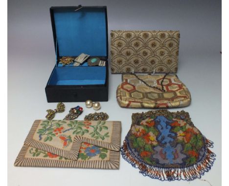 A SELECTION OF LADIES VINTAGE EVENING BAGS, to include a fine beadwork example with ornate gem set and enamel decorated frame