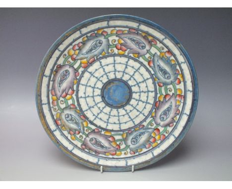 A CHARLOTTE RHEAD FOR CROWN DUCAL 5391 BLUE PERSIAN LEAF CHARGER, printed and painted marks to base, Dia. 31.7 cm