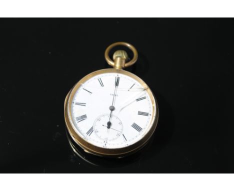 AN 18K OPEN FACED MANUAL WIND POCKET WATCH, having white enamel dial, Roman numeral hour markers, subsidiary seconds dial at 