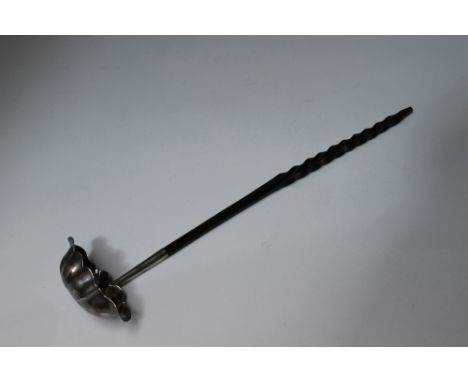 A HALLMARKED SILVER WHALE BONE TODDY LADLE - LONDON 1768, having typical twist stem attached to a shaped bowl,  maker's mark 