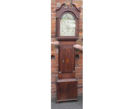 A 19TH CENTURY OAK AND MAHOGANY LONGCASE CLOCK BY J BURROWS OF IRONBRIDGE, the painted arched dial with eight day movement, s