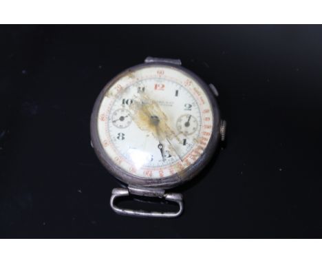 A E BERHARD & CO CHRONOGRAPH SILVER WRIST WATCH, chaux-de-fonde, enamel dial, subsidiary dials at 3 and 9 o'clock, Dia. 4cmCo