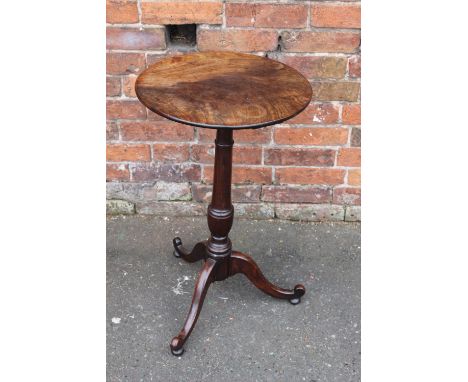 A 19TH CENTURY MAHOGANY PEDESTAL TABLE, the circular top raised on a slender vase turned column and tripod support, H 73 cm, 