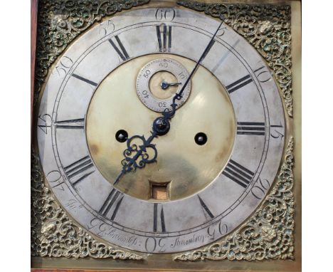 A 19TH CENTURY OAK AND MAHOGANY BRASS FACED LONGCASE CLOCK, the brass face with subsidiary seconds dial and date aperture, wi