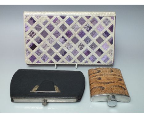 AN ART DECO LADIES VINTAGE PURSE / BAG, together with a modern clutch bag by 'Stephine Wood', and a croc-effect covered hip f