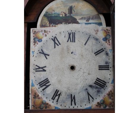 A 19TH CENTURY OAK AND MAHOGANY LONGCASE CLOCK, the painted arched dial with windmill decoration to the arch, thirty hour mov