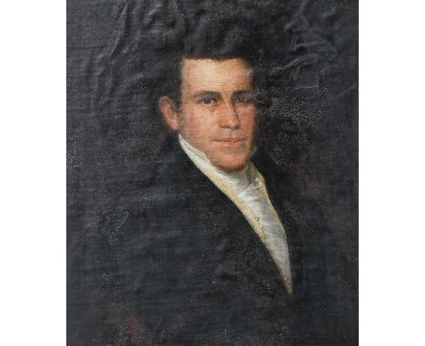 British School (20th century)Portrait of a young man, head and shoulders, wearing a black coatOil on canvas board, 56cm by 46