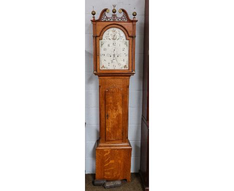 An oak eight day long case clock, early 19th century, 13'' arch painted dial, signed Andw Maule, Wooler, with pendulum and tw