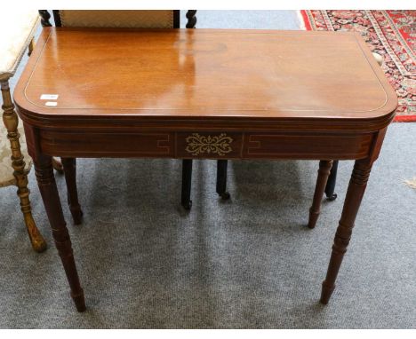 A 19th century inlaid mahogany foldover tea table, 91cm by 45cm by 76cm, together with a Victorian ebonised button back chair