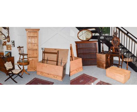 A group of 19th century and later furniture, comprising: a Victorian pine blanket chest, an Edwardian mahogany towel rail, fo