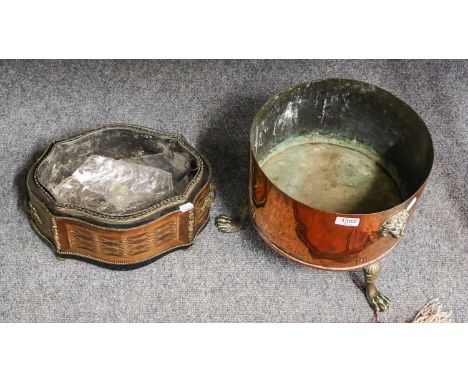 A 19th century Tunbridge inlaid planter, 35cm by 25cm by 16cm; together with a brass Art Nouveau twin-handled jardiniere, and