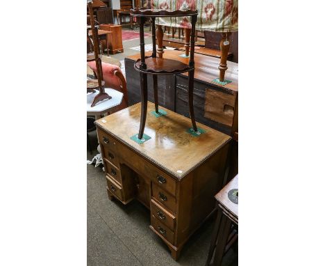 A group of furniture, comprising: a small walnut desk, 77cm by 48cm by 76cm (a/f), a nest of tables, a wine table, a brass an