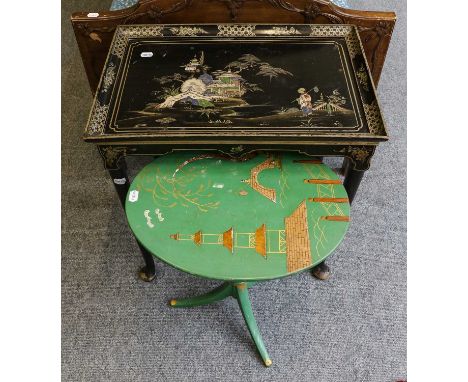 A 20th century chinoiserie green lacquered tilt top tripod table, 48cm by 38cm by 56cm, together with a similar Japanned lamp