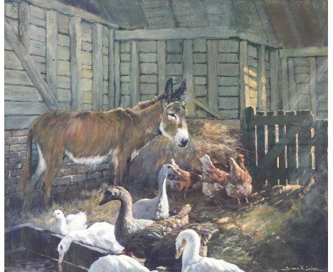 Norman R Coker (1927-2020)Donkey, hens and geese in a barnSigned, oil on canvas; together with another similar signed work by
