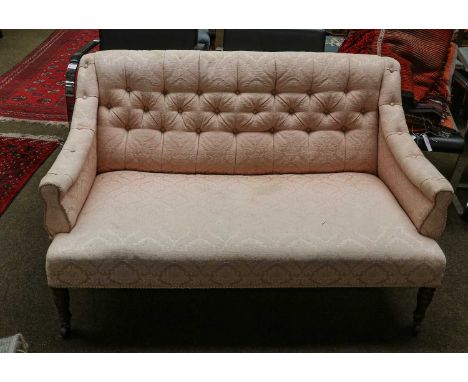 A Victorian walnut framed small box settee upholstered in pale pink brocade, on ring turned front supports, 136cm longRight r