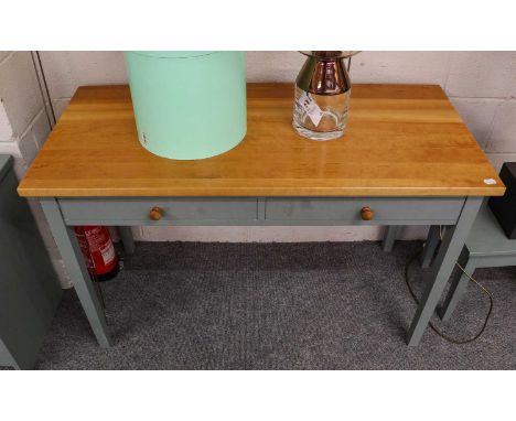 A modern painted side table fitted with two drawers, 120cm by 55cm by 74cm, with a lamp table and a bedside cupboard in match