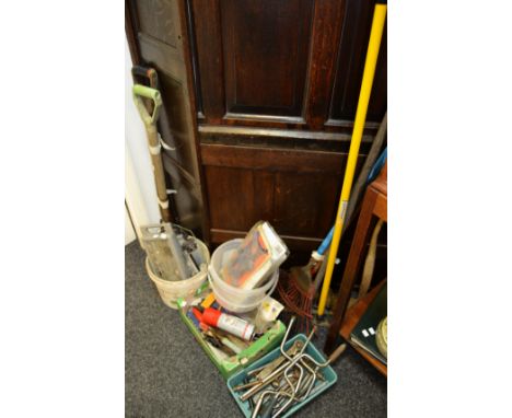 A spear and Jackson scythe; window frame vice; various early 20th Century and later gardening, building, joinery, plumbing to