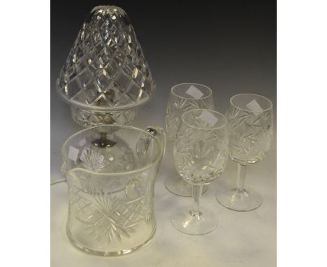 Glassware - a clear glass mushroom table lamp 28cm height; three wine glasses; a lemonade jug