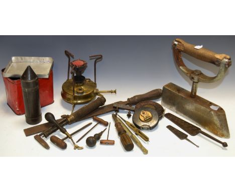 Tools - a 19th Century John Rabone & Sons Birmingham 50ft tape rule, steel case, brass winder embossed no 4381; another 33ft 